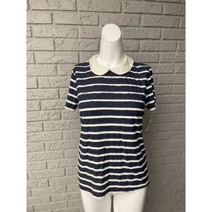 Anthropologie Maison Jules Women Blue /White Stripe Scallop Top Size M NWT